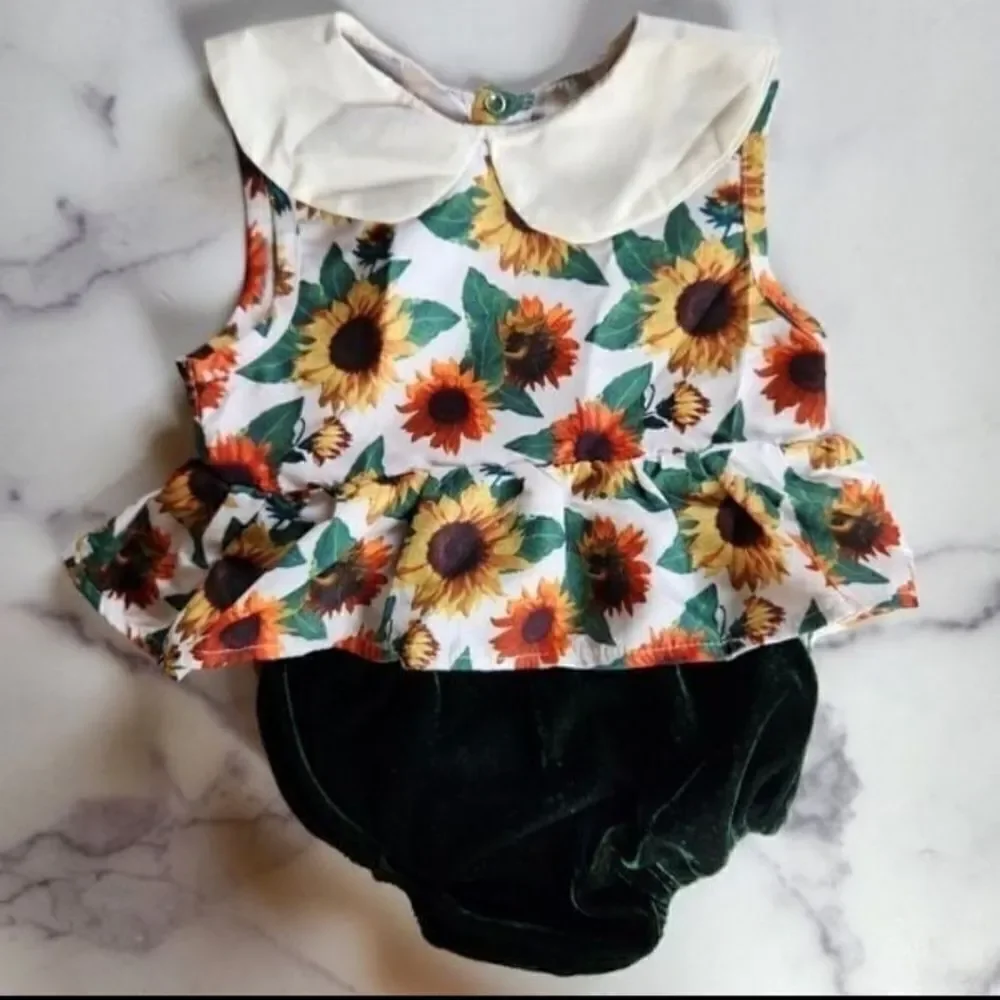 Fall ready sunflower top Peter Pan collar bodysuit & velvet emerald bloomers